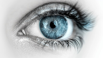 Fototapeta premium A close-up of a human eye. The eye is blue, with long, curled eyelashes that appear to be accentuated, possibly with mascara. The pupil is centrally located, and the eyelid is slightly raised