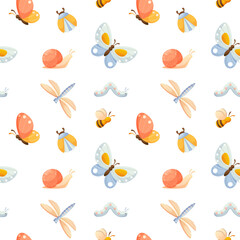 Vector illustration of a seamless pattern with colorful insects in a childish style. Beetles, butterflies, caterpillars, snail in a pattern. Pattern for textiles, gift wrapping