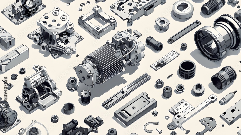 Poster an exploded view drawing that shows an assembly of parts separated but arranged to indicate their re