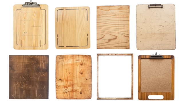 Set of eight vintage wooden clipboards, various styles and textures in isolated on transparent background. Perfect for design projects.