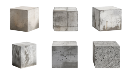 Six concrete cubes with various textures and shades of gray in isolated on transparent background