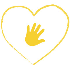 Yellow human hand and heart vector isolated on white background. Baby hand.