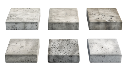 Six square concrete blocks with varying textures and shades of gray in isolated on transparent background