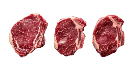 Fototapeta premium Three raw beef steaks in isolated on transparent background