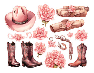Set of watercolor western elements isolated on white background. Cowboy hat, boot, wicket. Rodeo. Wild West. Pastel color