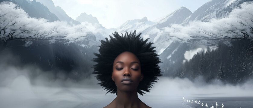 Black woman with eyes closed in front misty mountain landscape, unmoving undisturbed quiet noiseless