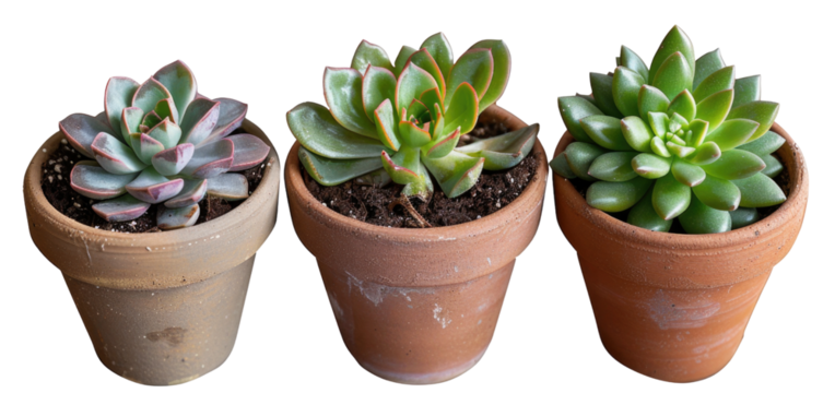 Three succulent plants in terracotta potsr in isolated on transparent background