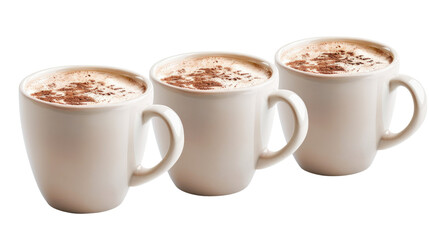 Three white mugs filled with coffee and topped with cinnamonr in isolated on transparent background