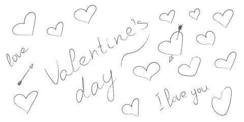 Hand drawn doodle vector set. Hand drawn doodle sketch style heart, arrow, line. Sketch valentine's day element. Vector illustration.