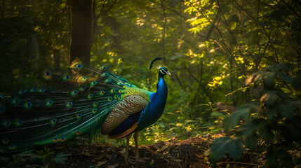 Obraz premium Beautiful peacock in the forest, a peacock with wide open and colorful tail feathers, surrounded by green trees and lush foliage, Ai generated Images