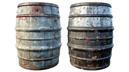 Two weathered metal barrels, one in rusty grey and the other in isolated on transparent background