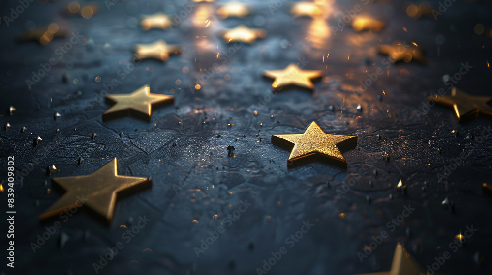 Poster a close up of a star field with gold stars. the stars are arranged in a pattern and appear to be shi