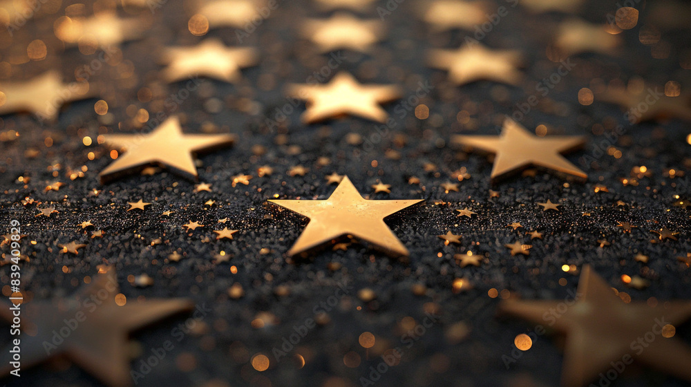 Poster a close up of a star field with gold stars. the stars are arranged in a pattern and appear to be shi