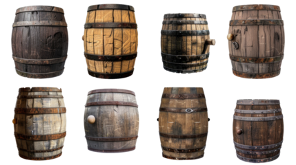 A collection of eight wooden barrels, each with unique wear and texture.  Ideal for rustic, vintage, or historical themes in isolated on transparent background