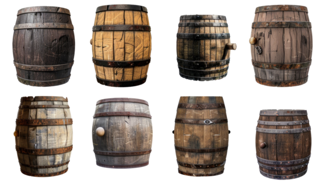 A collection of eight wooden barrels, each with unique wear and texture.  Ideal for rustic, vintage, or historical themes in isolated on transparent background - Powered by Adobe