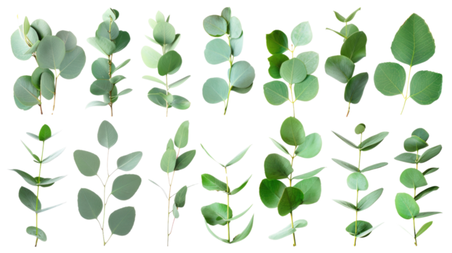 A collection of green eucalyptus leaves in isolated on transparent background. The leaves are arranged in a variety of shapes and sizes.