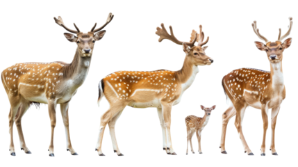 A family of deer with a fawn standing in front. The deer are all looking at the camera.