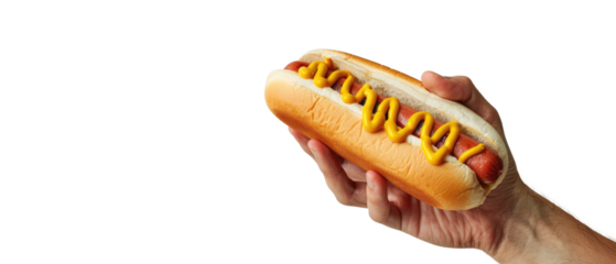 A hand holding a hot dog with mustard in isolated on transparent background