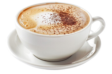 A white cup of cappuccino with a sprinkle of cinnamon on top.  The coffee is steaming and the cup is on a white saucer in isolated on transparent background