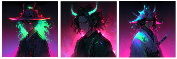Anime, evil oni samurai avatar collection with abstract background and neon/synthwave glow. 1:1 Wallpaper dessign.