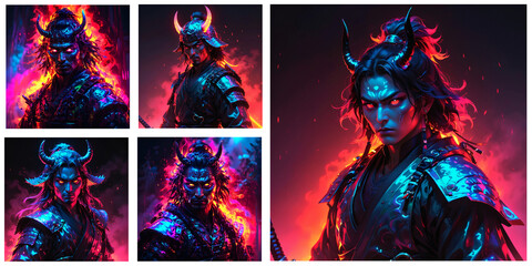 Cinematic Portraits of evil oni samurai with abstract background, a strong aura and neon/synthwave glow. 1:1 Wallpaper dessign.