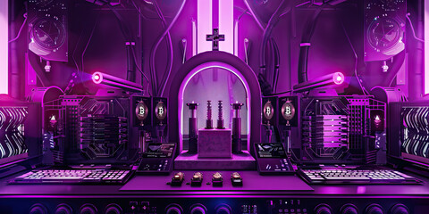 The Temple of Web3: A modern altar, surrounded by cryptocurrency mining rigs and blockchain-powered devices. (Purple)