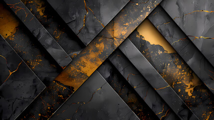 Abstract geometric design with black, gold, and gray patterns, featuring sharp lines and splashes of color, perfect for backgrounds and artistic compositions.