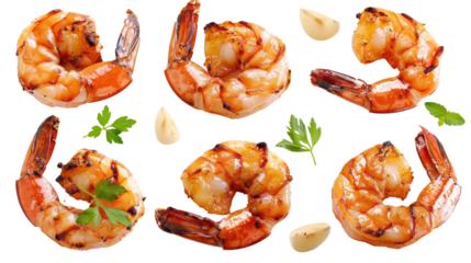 Close-up of grilled shrimp with garlic and parsley in isolated on transparent background