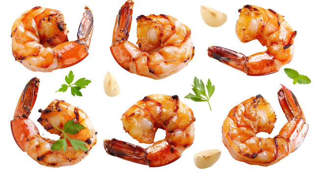 Close-up of grilled shrimp with garlic and parsley in isolated on transparent background
