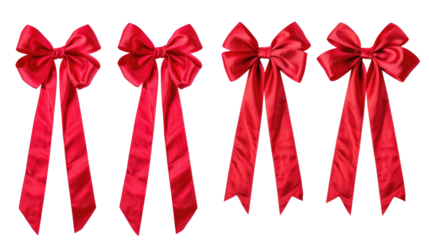 Five large red satin bows with long tails, perfect for festive decorationsr in isolated on transparent background