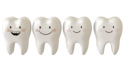 Four cartoon teeth with happy faces, symbolizing healthy smiles and oral hygiene in isolated on transparent background