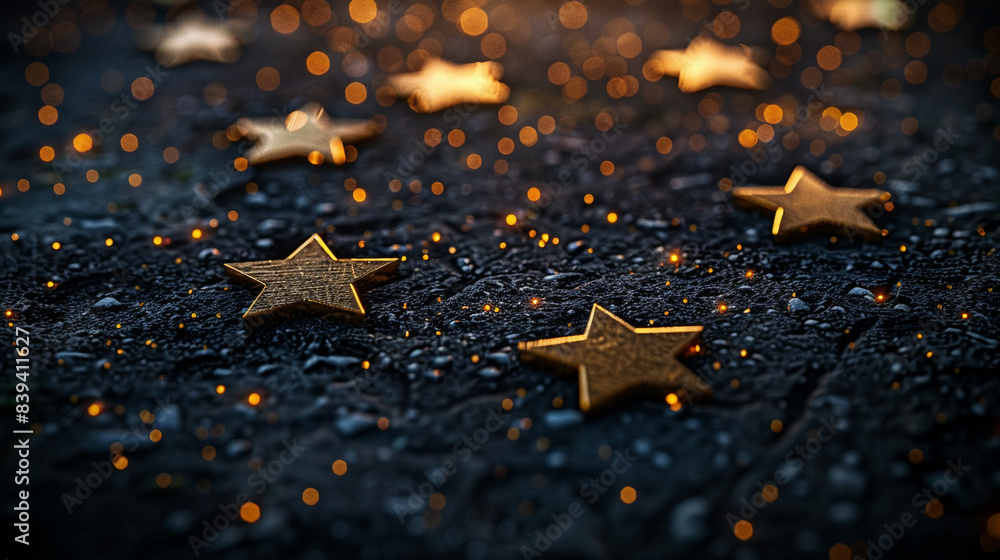 Poster a close up of a star field with gold stars. the stars are arranged in a pattern and appear to be shi