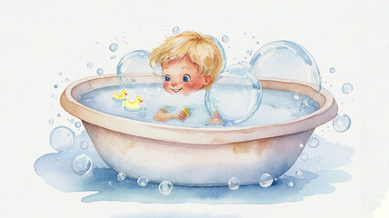 cute watercolor illustration of blond kid taking a bath in tub, bathroom, personal hygine education