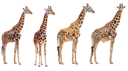 Fototapeta premium Four giraffes standing side by side, facing the right in isolated on transparent background