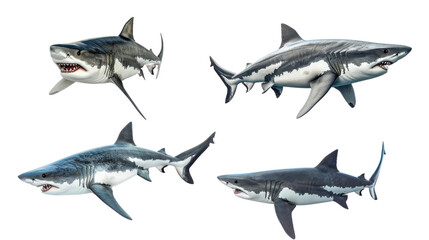 Four great white sharks swimming in different directions in isolated on transparent background