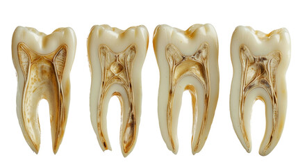 Four human teeth in a row, showing the internal structure and root in isolated on transparent background