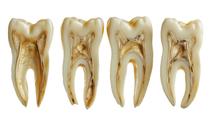 Four human teeth in a row, showing the internal structure and root in isolated on transparent background