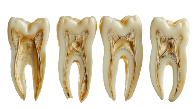 Four human teeth in a row, showing the internal structure and root in isolated on transparent background