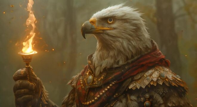 A eagle dressed in a sophisticated mafia ensemble casually holding a cigar while examining a holographic star map