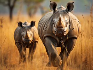 Naklejka premium Mother Rhino With Her Calf Walking Through The Grasslands 