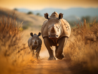 Mother Rhino With Her Calf Walking Through The Grasslands 