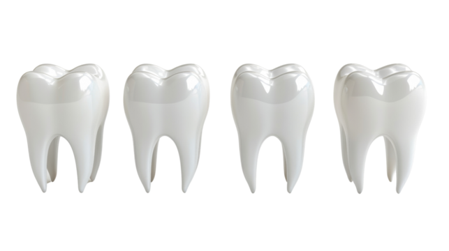 Four pristine white teeth in isolated on transparent background. Perfect for dental care, hygiene, and health concepts.