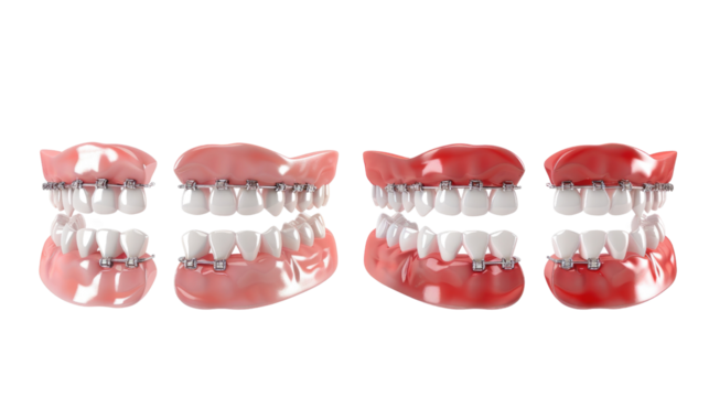 Four rows of realistic teeth in different stages of dental care.  From left to right: healthy, braces, yellowing, and dentures in isolated on transparent background