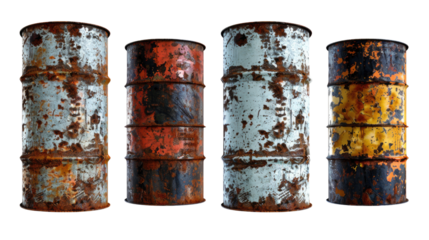 Four rusty metal barrels in various states of decay, standing in a row in isolated on transparent background