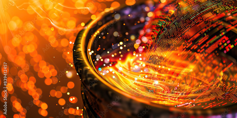 Poster the cauldron of code: a bubbling pot of colorful code, swirling around a witch's cauldron. (orange)