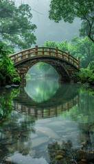Fototapeta premium Scenic stone bridge over tranquil water in lush green forest, reflecting in the calm stream on a misty day.