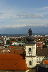 Mountains behind the Council tower in Sibiu, Transylvania, Romania