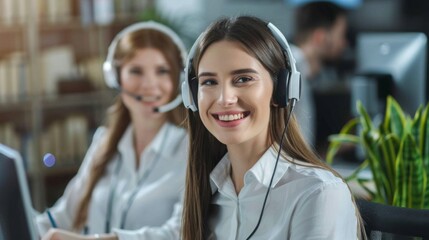 An image featuring customer support representatives, showcasing friendly and efficient design in a setting of a call center, emphasizing service and satisfaction. 