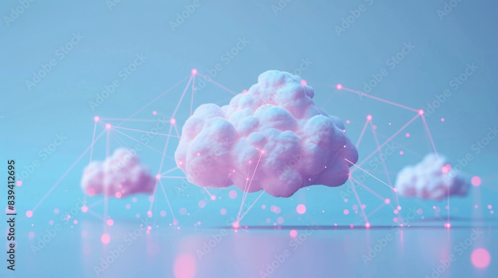 Poster 3d rendering of a fluffy pink cloud with a digital network connection on a blue background, represen
