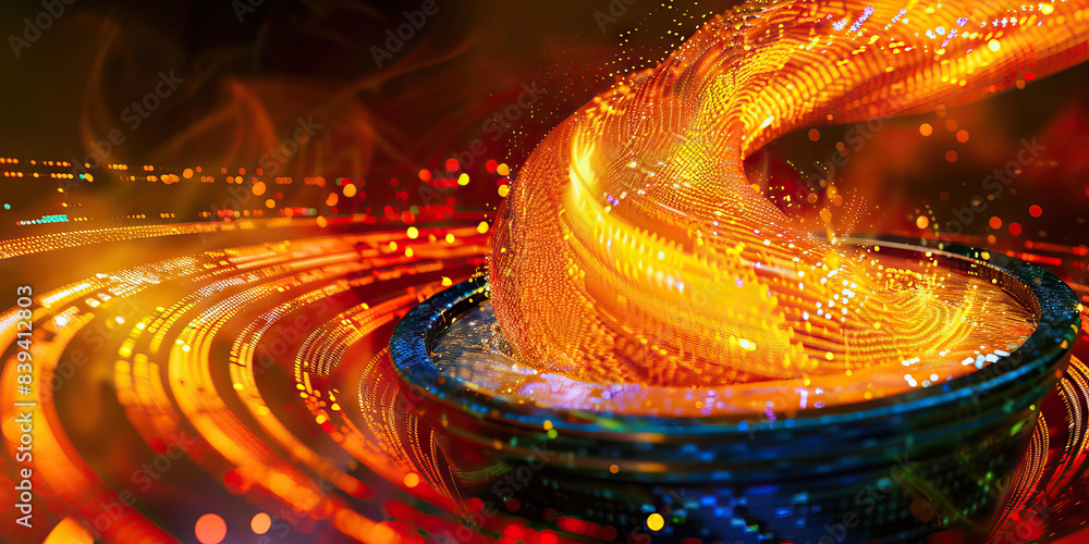 Poster the cauldron of code: a bubbling pot of colorful code, swirling around a witch's cauldron. (orange)